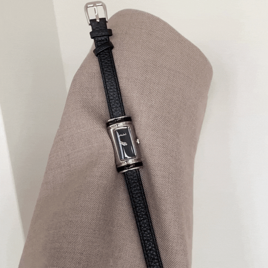 Elegant Noir – Women’s Black Leather Strap Silver Rectangular Quartz Watch