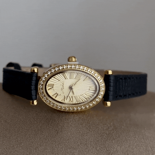 French Elegant Black Leather Women’s Quartz Watch – Gold Oval Diamond-Accented Case