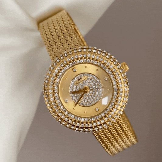 Opulent Gold Sunburst Dial Watch – Diamond Bezel & Wheat-Grain Bracelet Quartz