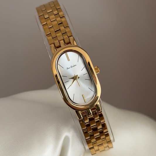 Urban Daily White Long Oval Dial Watch – Gold Stainless Steel Quartz Bracelet