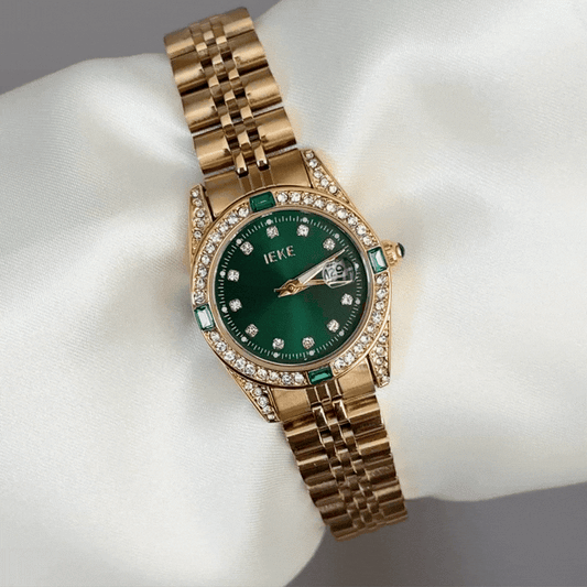 Bold Contrast: Green Round Dial with Gold Diamond Bezel & Gold-Tone Bracelet