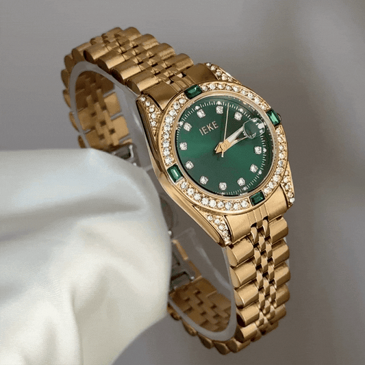 Bold Contrast: Green Round Dial with Gold Diamond Bezel & Gold-Tone Bracelet