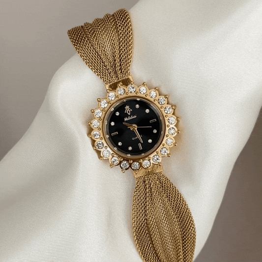 Vintage Glamour: Black Dial & Gold Sunflower Diamond Bezel, Mesh Strap Quartz Watch