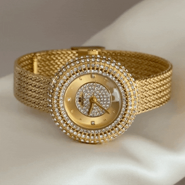 Opulent Gold Sunburst Dial Watch – Diamond Bezel & Wheat-Grain Bracelet Quartz