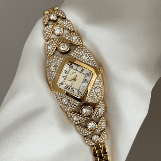 High Jewelry Gold Diamond-Shaped Dial Full Diamond Watch with Bracelet Strap