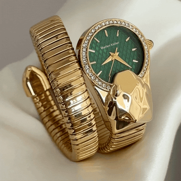Luxury Serpentine Bracelet Watch: Green Dial & Gold-Tone Diamond Bezel