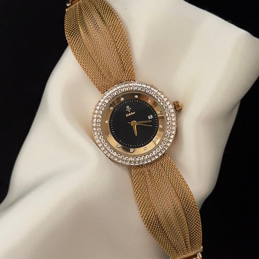 Feminine Elegance Black Round Dial Butterfly Mesh Watch - Gold Crystal Quartz Bracelet