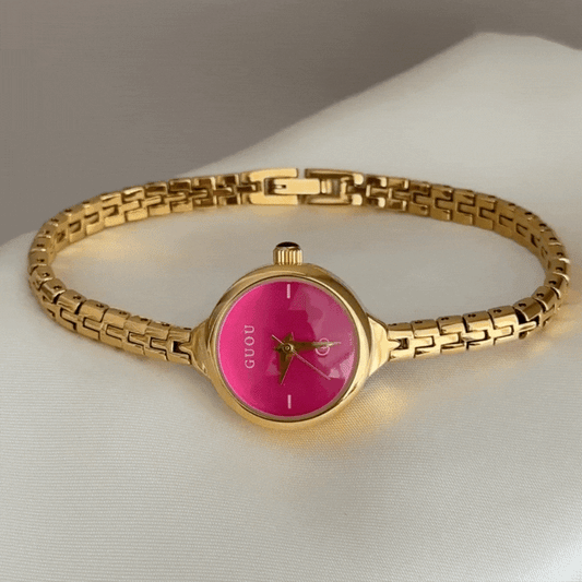 Modern Romantic Pink Round Dial Watch - Gold Bezel & Gold Alloy Slim Strap Quartz