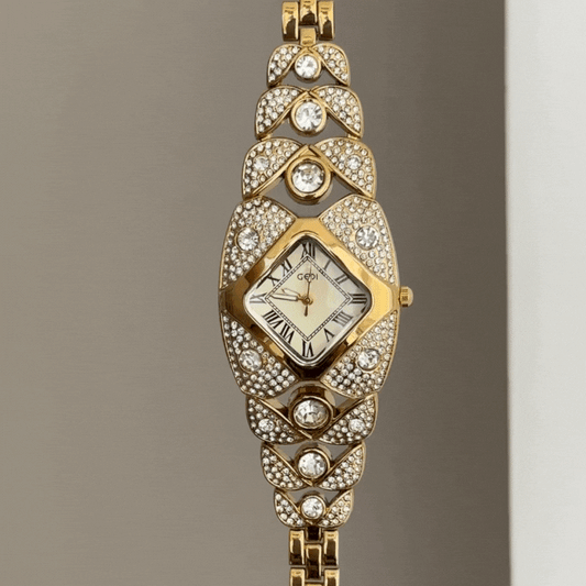 High Jewelry Gold Diamond-Shaped Dial Full Diamond Watch with Bracelet Strap