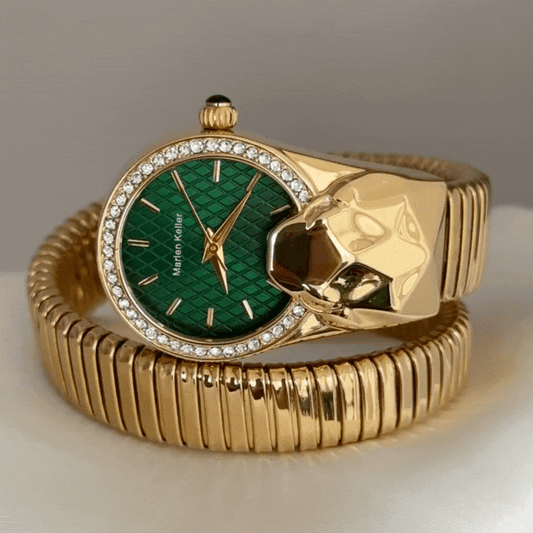 Luxury Serpentine Bracelet Watch: Green Dial & Gold-Tone Diamond Bezel