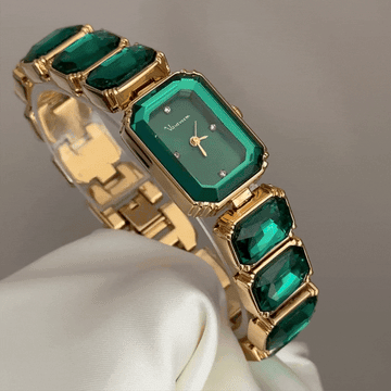 Modern Chic: Green Rectangle Dial with Gold Bezel & Green Gemstone Inlaid Bracelet