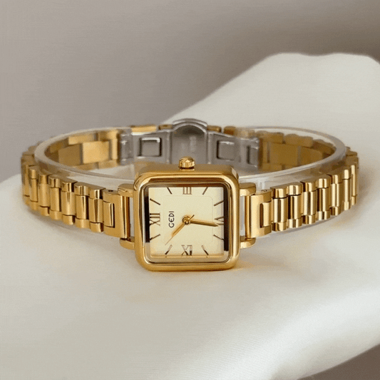 Elegant Rectangle Watch: Full Gold-Tone Stainless Steel & Quartz