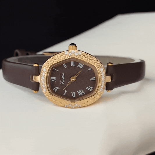 Modern Luxury Diamond Dial Watch - Gold Crystal & Genuine Leather  Quartz