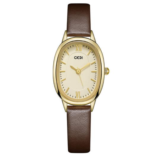Classic Vintage Gold Oval Dial Watch – Brown Vegan Leather Quartz