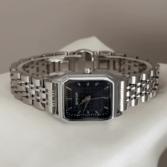 Modern Minimalist: Black Rectangular Dial with Silver Bezel & Stainless Steel Bracelet