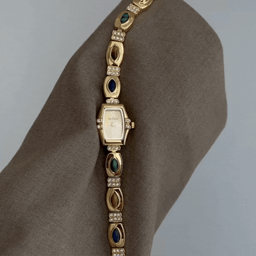 French Vintage Gemstone Inlay Bracelet Quartz Watch with Barrel-Shaped Gold Case