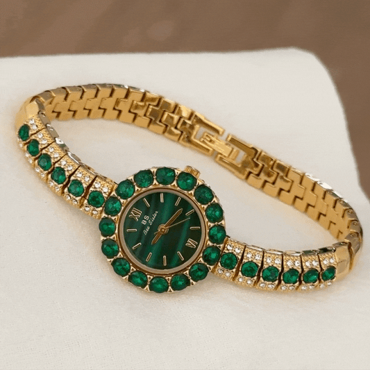 Classic Green Dial Watch with Gemstone-Accented Bezel and Bracelet