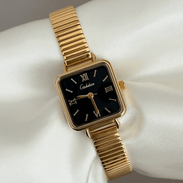 Modern Sophistication Black Square Dial Watch – Gold Bezel & Gold Alloy Bracelet Quartz