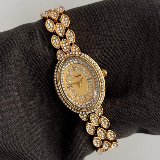 Ultimate Sparkle: Gold Oval Diamond Dial with Fully Diamond-Set Bracelet