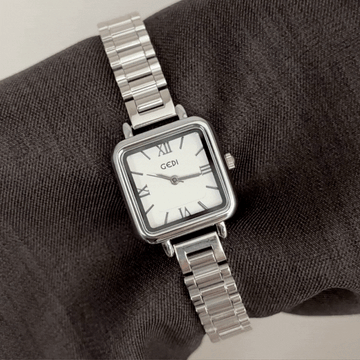 Geometric Minimalism: White Rectangle Dial with Silver-Tone Steel Bracelet