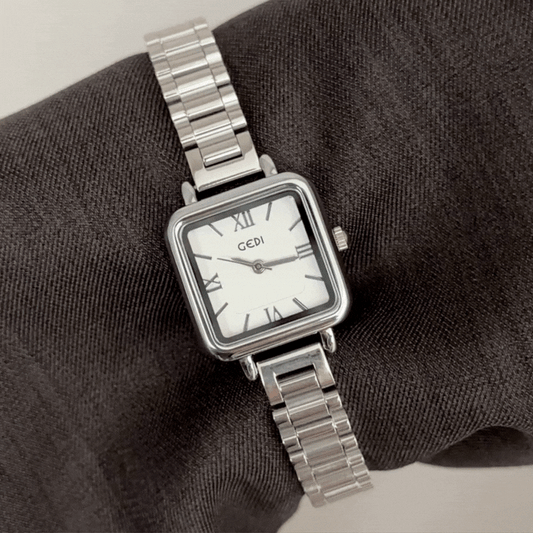 Geometric Minimalism: White Rectangle Dial with Silver-Tone Steel Bracelet