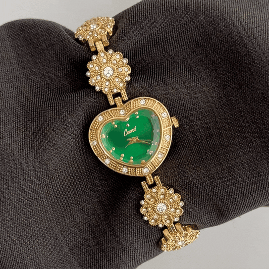 Romantic Whimsy: Green Heart-Shaped Dial with Floral Gold-Tone Bracelet