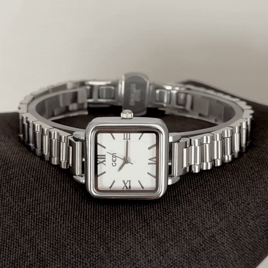 Geometric Minimalism: White Rectangle Dial with Silver-Tone Steel Bracelet