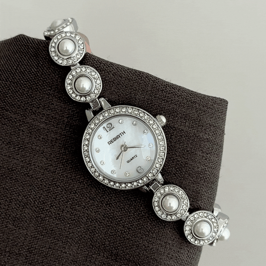 Feminine Refinement: White Round Dial with Diamond Silver Bezel & Pearl-Inlaid Silver Bracelet