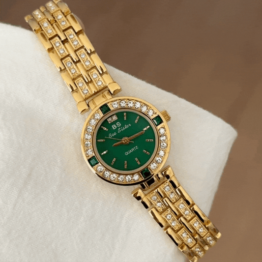 Vintage Green Mother of Pearl Watch with White Gemstone Bezel & Gold-Tone Alloy Strap