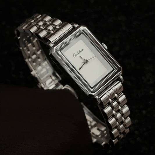 Professional Chic Watch: Combines a White Rectangular Dial with an All-Silver Bracelet