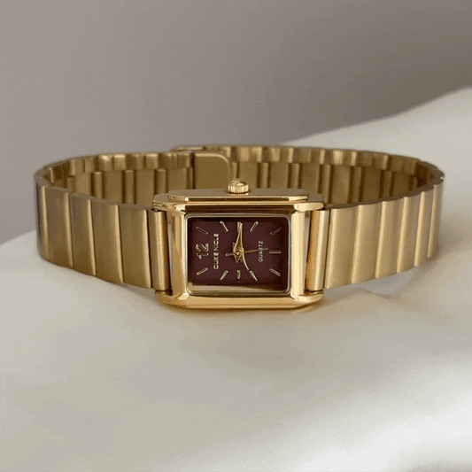 Sophisticated Glamour Brown Square Dial Watch – Gold Bezel & Gold Alloy Bracelet Quartz