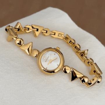 Classic Round Gold-Tone Alloy Geometric Strap Quartz Watch with White Dial