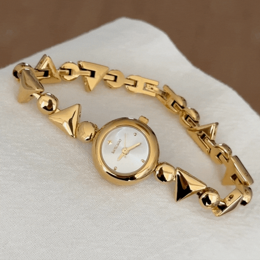 Classic Round Gold-Tone Alloy Geometric Strap Quartz Watch with White Dial