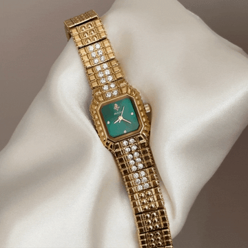 Light Luxury Trend Green Rectangle Dial Watch - Gold Crystal Alloy Quartz