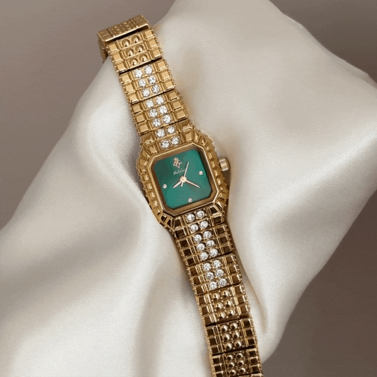 Light Luxury Trend Green Rectangle Dial Watch - Gold Crystal Alloy Quartz