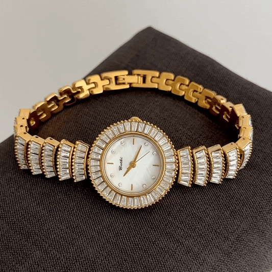 Feminine Glamour: White Round Dial with Fully Diamond-Set Gold Bracelet