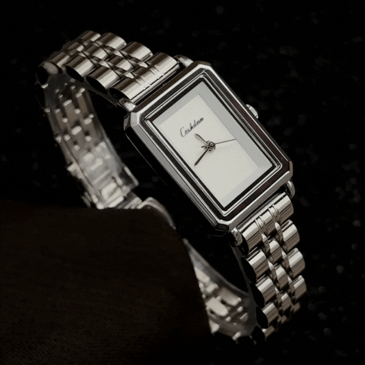 Professional Chic Watch: Combines a White Rectangular Dial with an All-Silver Bracelet