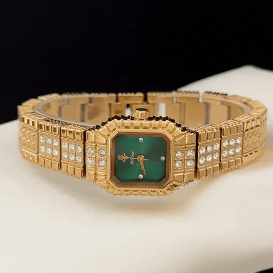 Light Luxury Trend Green Rectangle Dial Watch - Gold Crystal Alloy Quartz