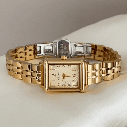 Monochrome Elegance: Gold Square Dial Watch with Gold-Tone Bracelet