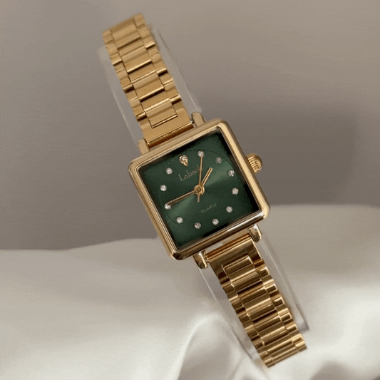 Urban Elegance Watch: Green Square Dial & Two-Tone Gold Stainless Steel