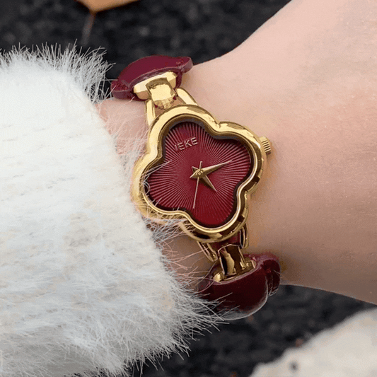 Angora Red Timepiece: Clover Charm Leather Quartz Watch