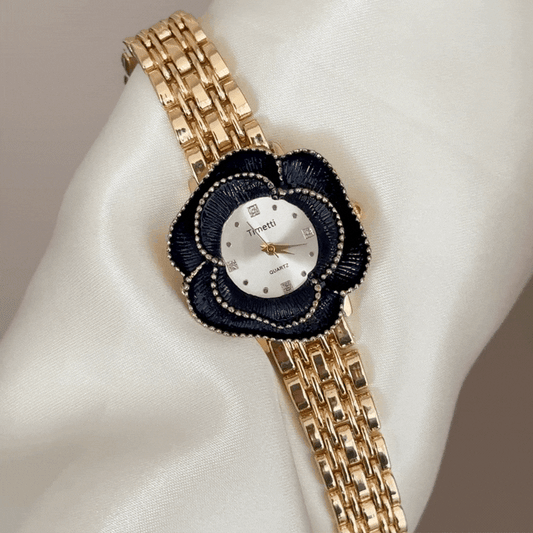 Modern Feminine: White Round Dial with Navy Floral Bezel & Gold Bracelet