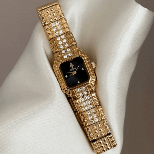 Refined Business Black Rectangle Dial Diamond Watch – Gold Crystal All ...