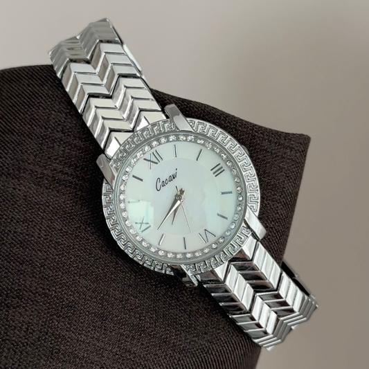 Refined Sparkle: White Diamond Dial with All-Silver Strap