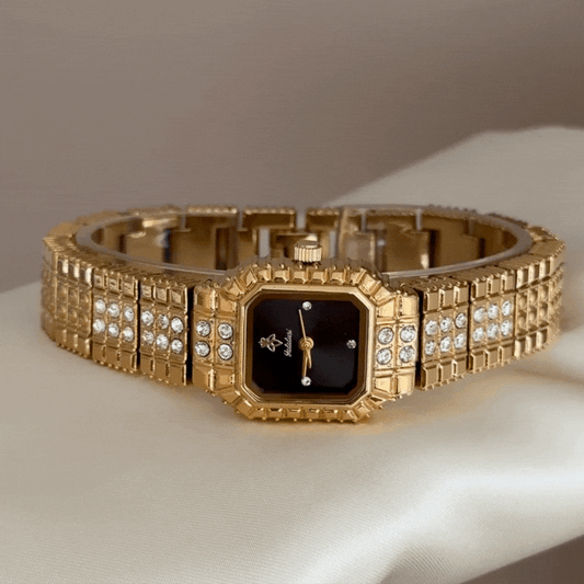 Refined Business Black Rectangle Dial Diamond Watch – Gold Crystal Alloy Quartz