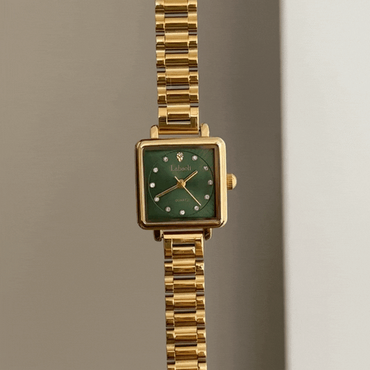Urban Elegance Watch: Green Square Dial & Two-Tone Gold Stainless Steel