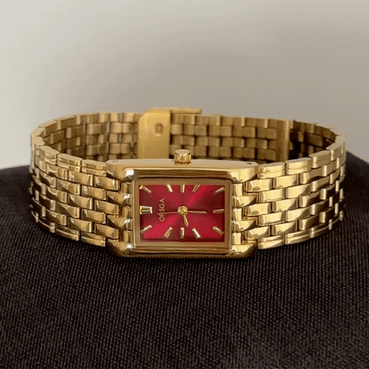 A Bold Red Rectangle: Gold-Accented Stainless Steel Bracelet Watch