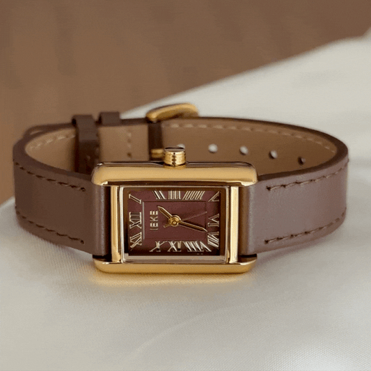 Classic Vintage Brown Square Dial Gold Bezel Leather Strap Quartz Watch