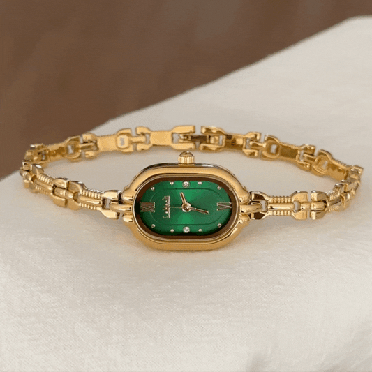 Classic Oval Green Dial Gold-Tone Watch with Matching Bracelet Quartz Watch