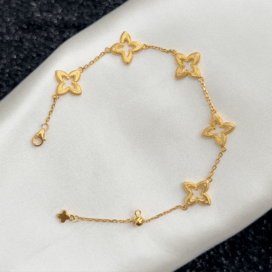 Vintage Four-Leaf Clover Gold Bracelet, Brushed Hollow-Out Design